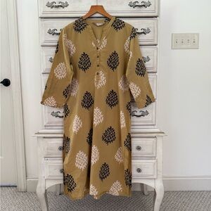 Anthropologie Tan and Black Leaf Print Dress